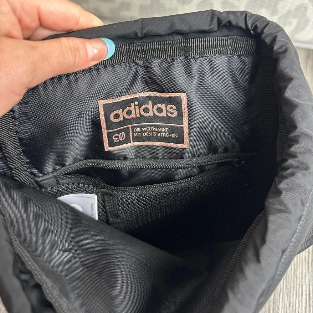 ADIDAS WOMEN’S BLACK FAUX LEATHER ROSE GOLD SMALL FESTIVAL DRAWSTRING BACKPACK - Picture 6 of 8